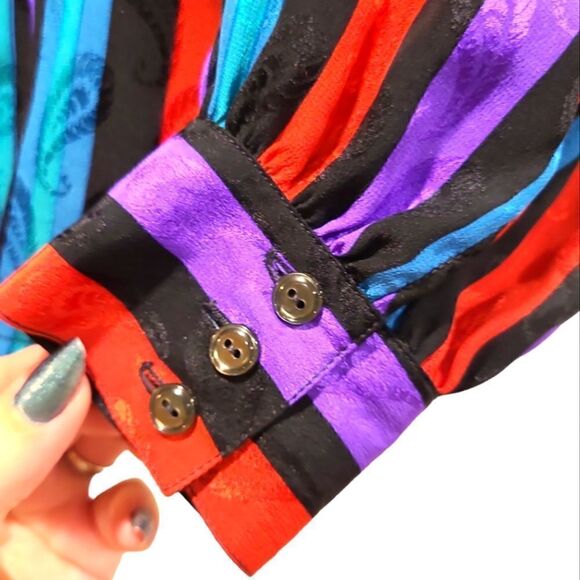 70s/80s John Yang for Jack Mulqueen Striped & Paisley 100% Silk Blouse Mock-neck - Picture 7 of 11